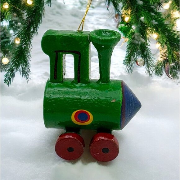 Vintage Wooden Train Christmas Tree Ornament Green Hand Painted - Picture 1 of 7